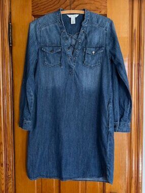 WHBM Denim Long Sleeve  Lace-Up V-Neck Shirt Dress Woman's 0